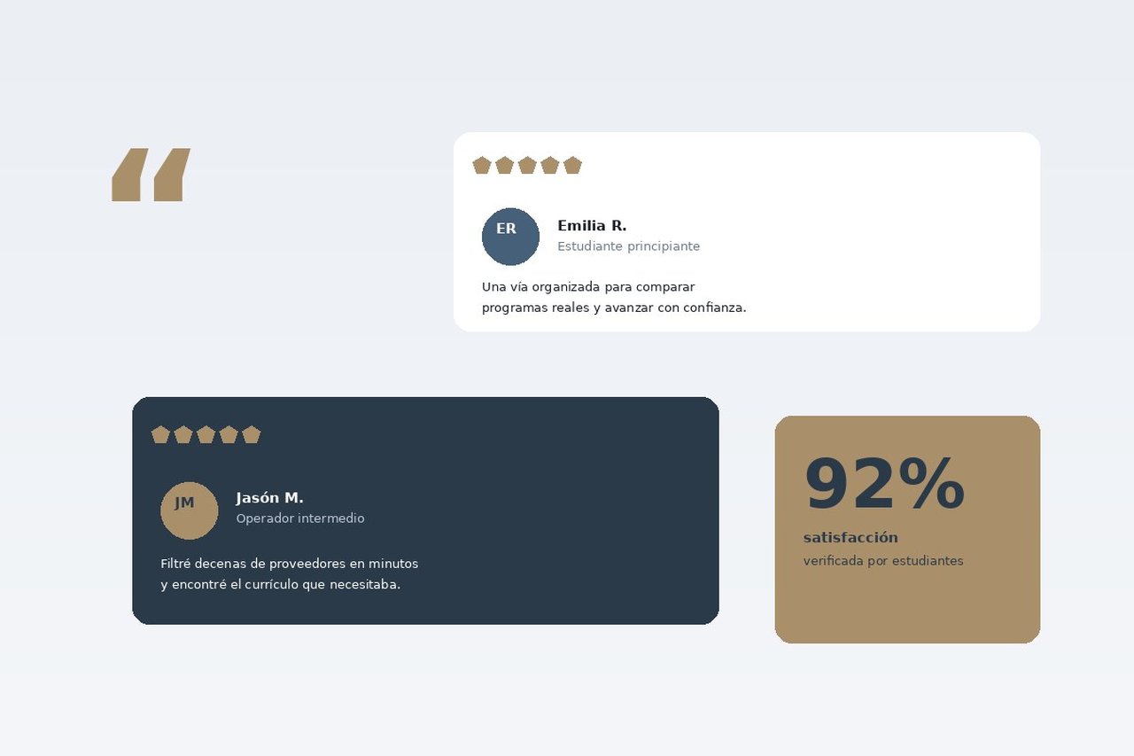 Cards de testimonios verificados de estudiantes